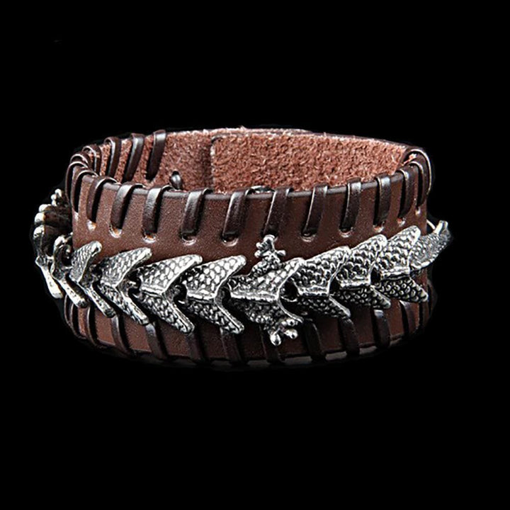 WorldNorse Lederarmband mit Drachen-Armreif, Jormungandr -Metalldesign