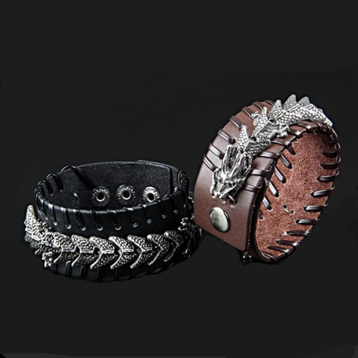 WorldNorse Lederarmband mit Drachen-Armreif, Jormungandr -Metalldesign