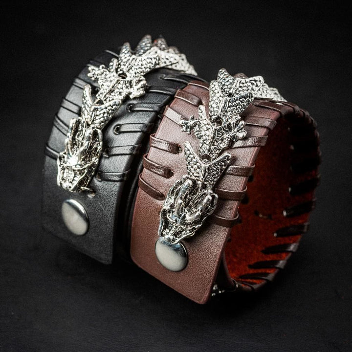 WorldNorse Lederarmband mit Drachen-Armreif, Jormungandr -Metalldesign