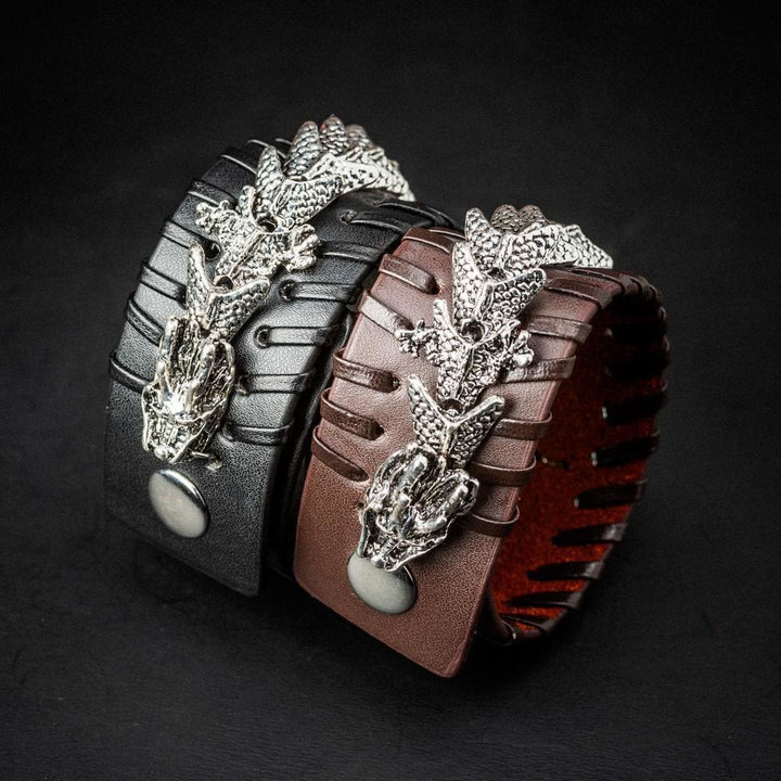 WorldNorse Lederarmband mit Drachen-Armreif, Jormungandr -Metalldesign
