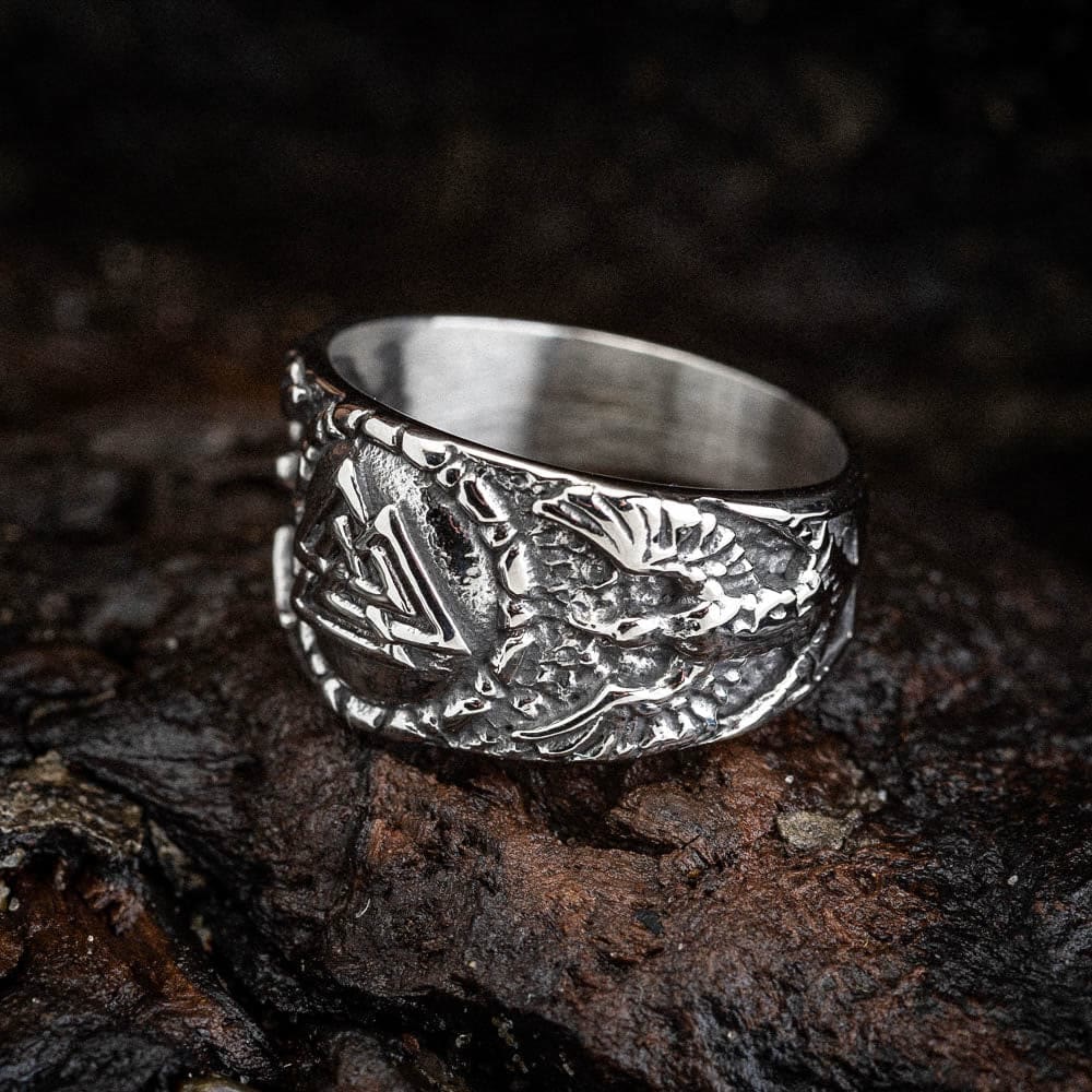 WorldNorse Herren-Fingerring mit Valknut und Raven -Persönlichkeit