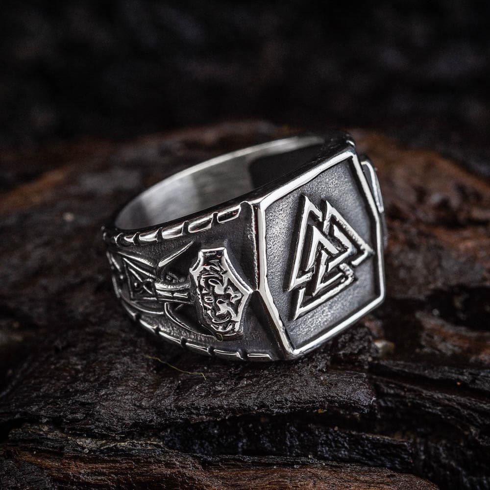 WorldNorse Herrenring mit Wikinger-Muster Valknut und Mjölnir