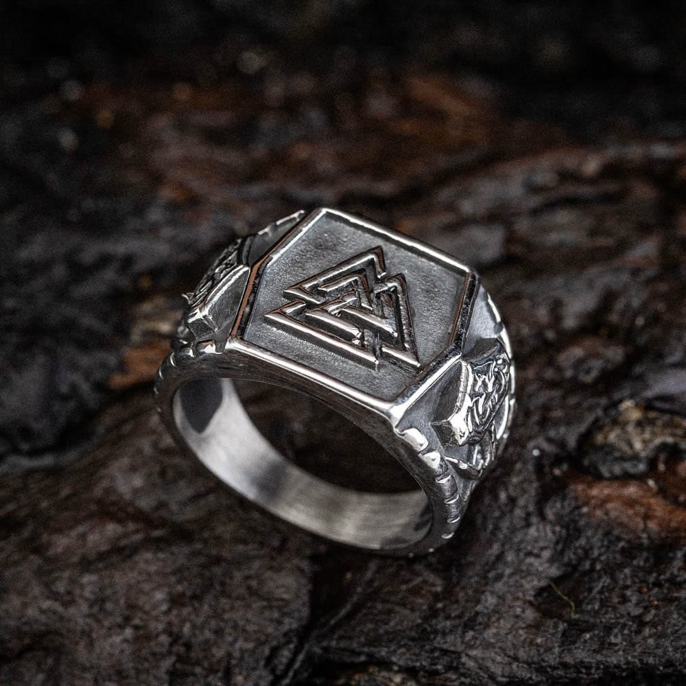 WorldNorse Herrenring mit Wikinger-Muster Valknut und Mjölnir