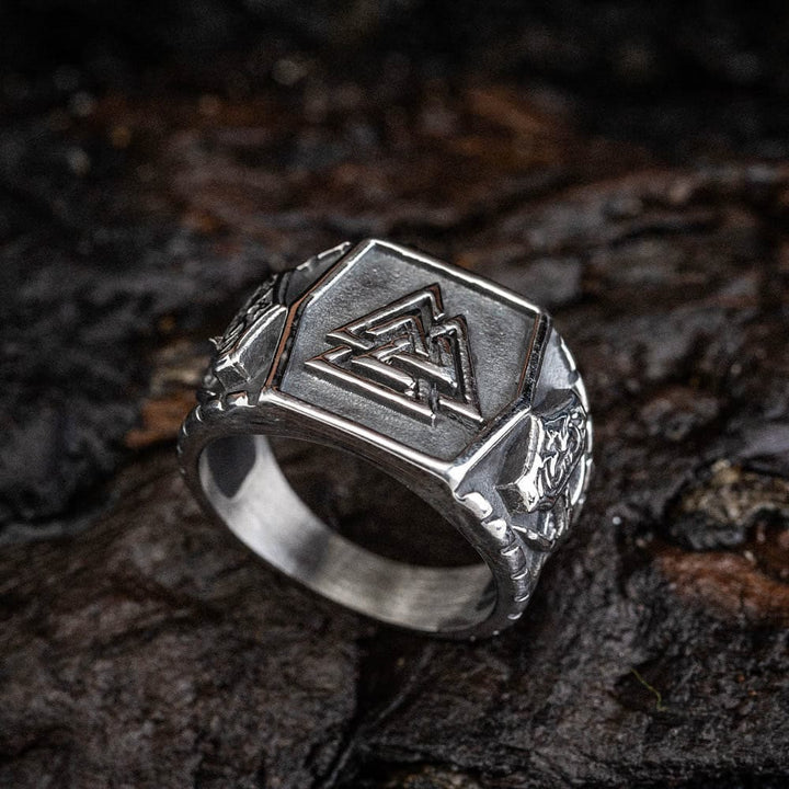 WorldNorse Herrenring mit Wikinger-Muster Valknut und Mjölnir