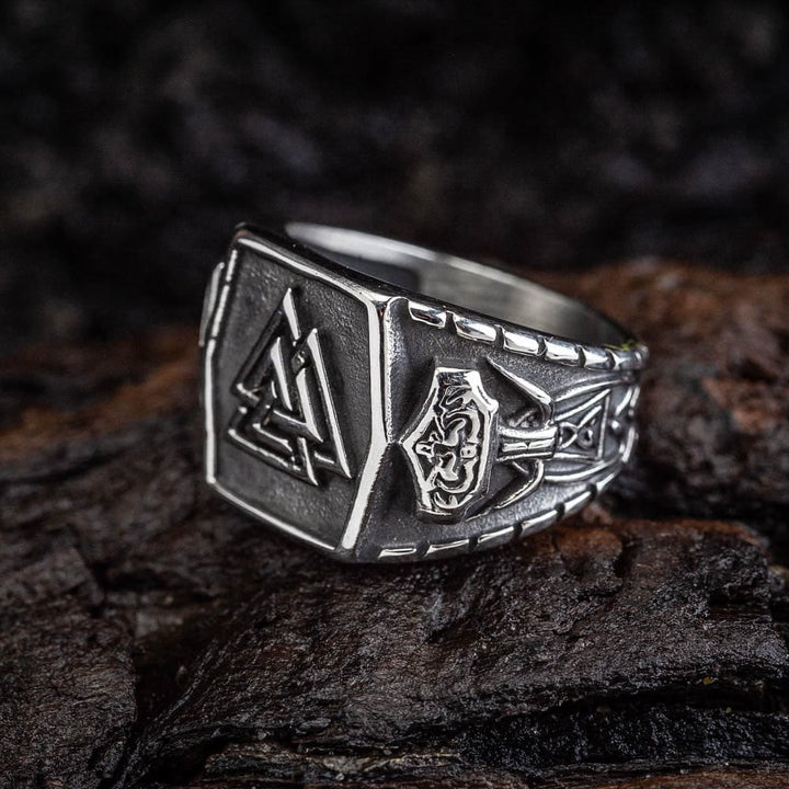 WorldNorse Herrenring mit Wikinger-Muster Valknut und Mjölnir