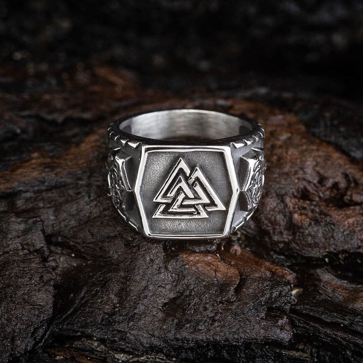 WorldNorse Herrenring mit Wikinger-Muster Valknut und Mjölnir
