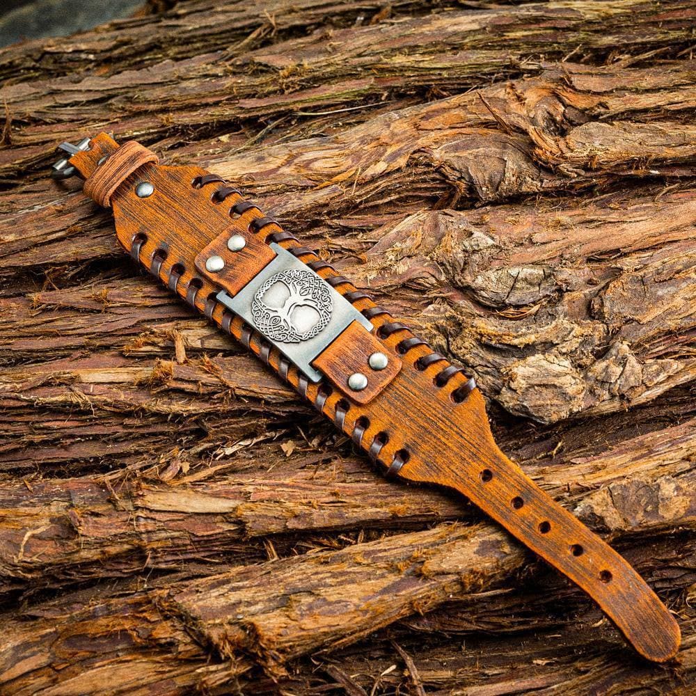 WorldNorse Armreif aus echtem Leder mit Schnalle und Yggdrasil -Metallarmband