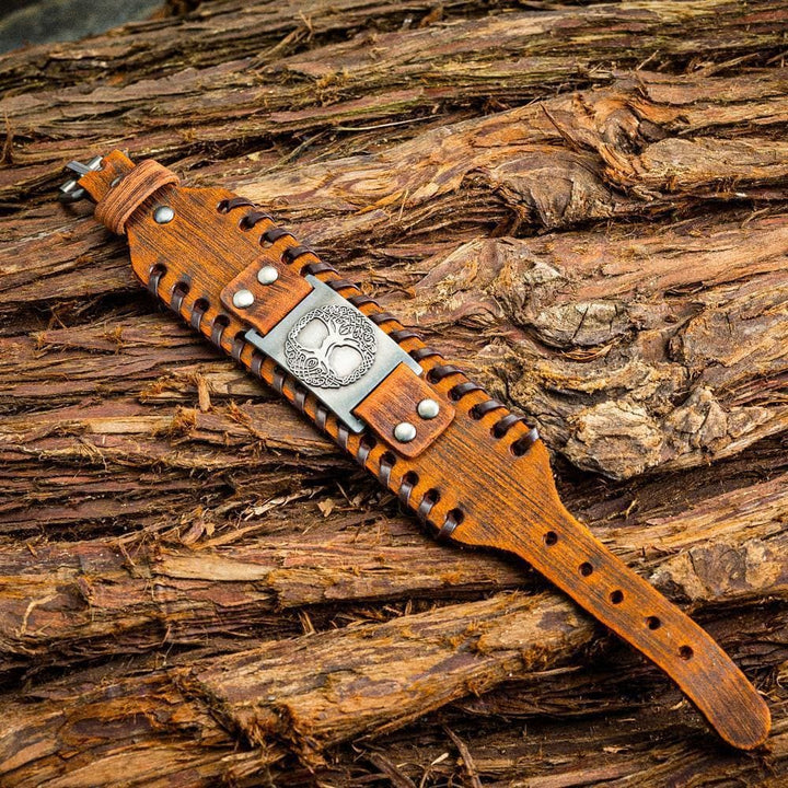 WorldNorse Armreif aus echtem Leder mit Schnalle und Yggdrasil -Metallarmband