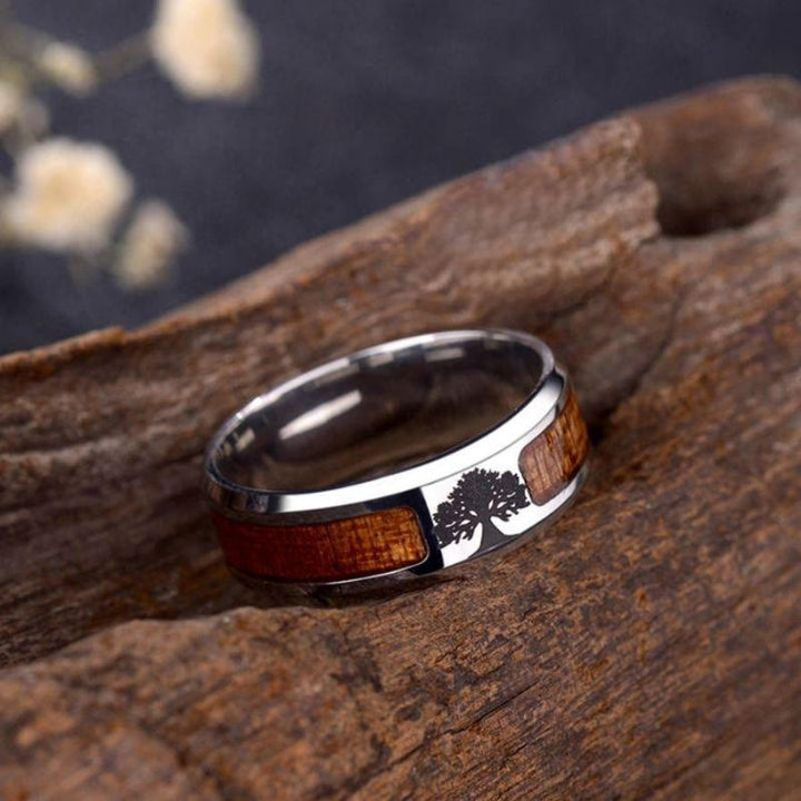 WorldNorse Edelstahl-Ring mit Yggdrasil und Holzeinlage