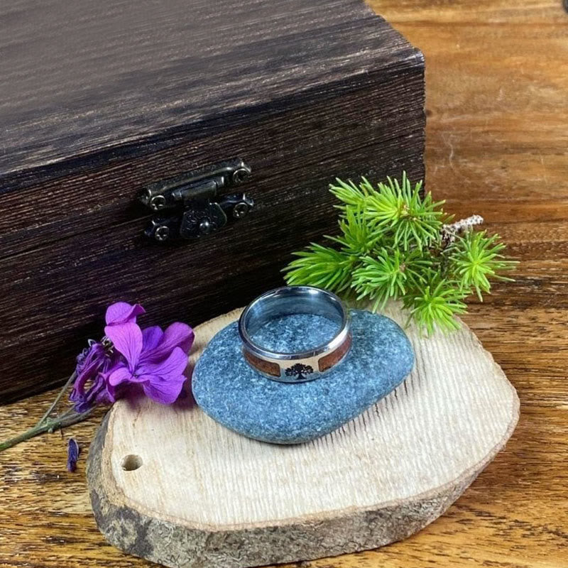 WorldNorse Edelstahl-Ring mit Yggdrasil und Holzeinlage