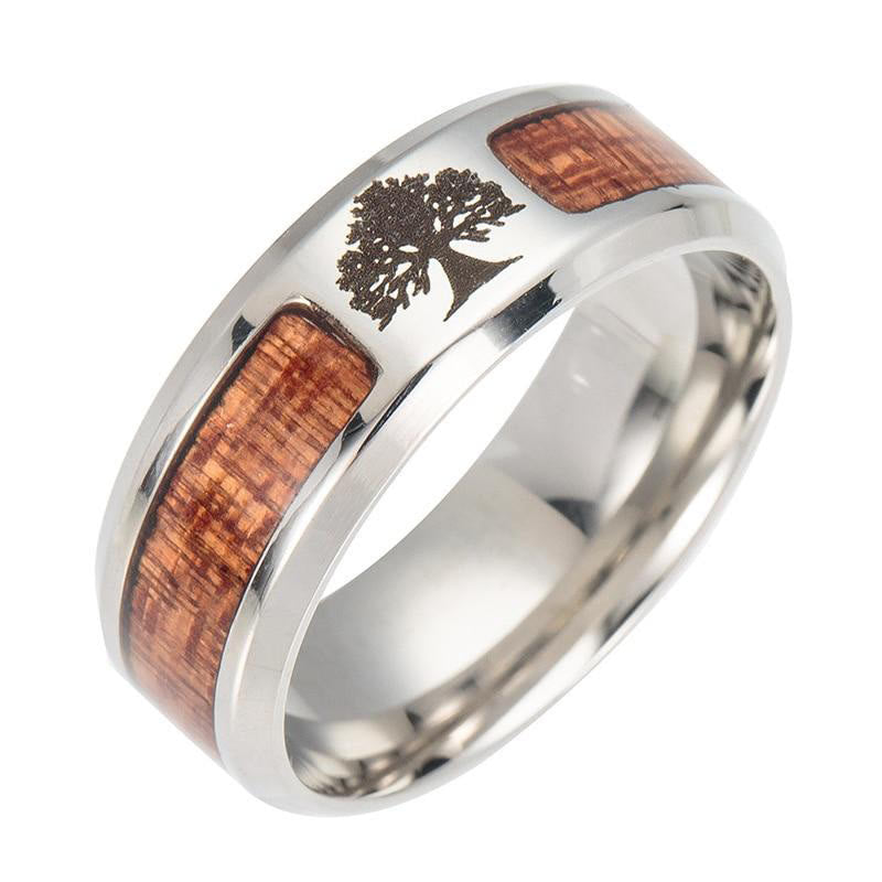 WorldNorse Edelstahl-Ring mit Yggdrasil und Holzeinlage