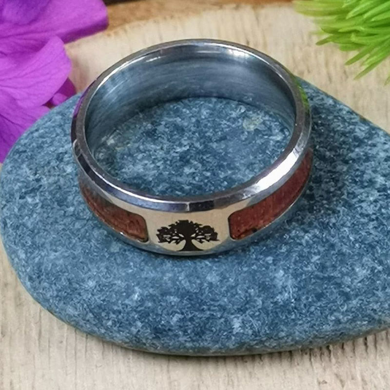 WorldNorse Edelstahl-Ring mit Yggdrasil und Holzeinlage