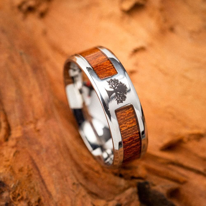 WorldNorse Edelstahl-Ring mit Yggdrasil und Holzeinlage