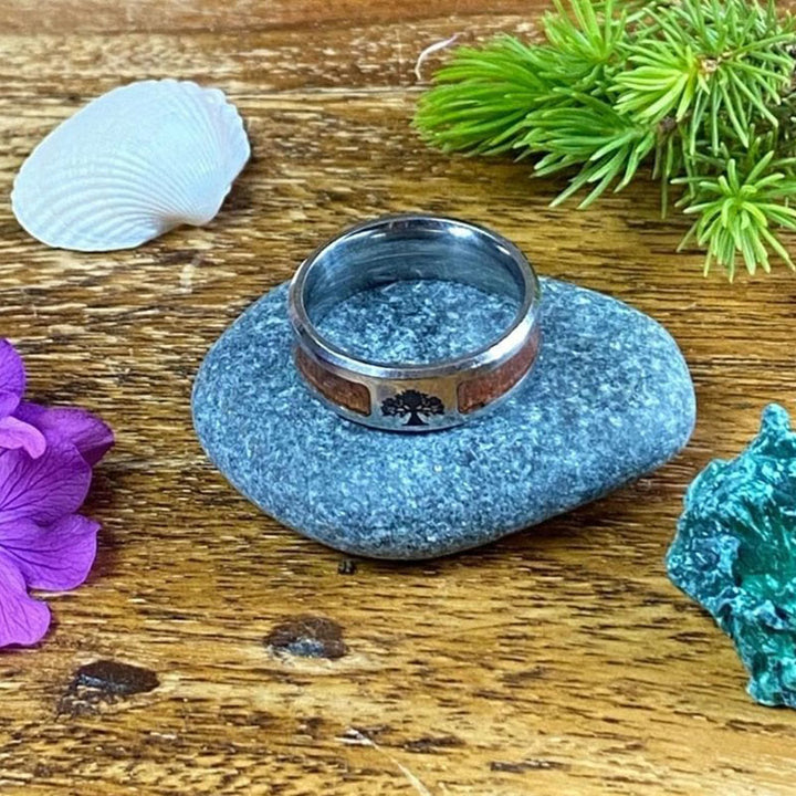 WorldNorse Edelstahl-Ring mit Yggdrasil und Holzeinlage