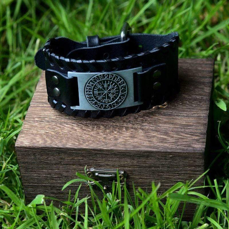 WorldNorse Armmanschette aus echtem Leder mit Schnalle , Vegvisir Metallarmband