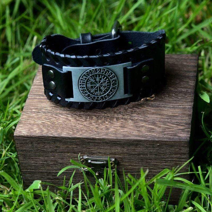 WorldNorse Armmanschette aus echtem Leder mit Schnalle , Vegvisir Metallarmband