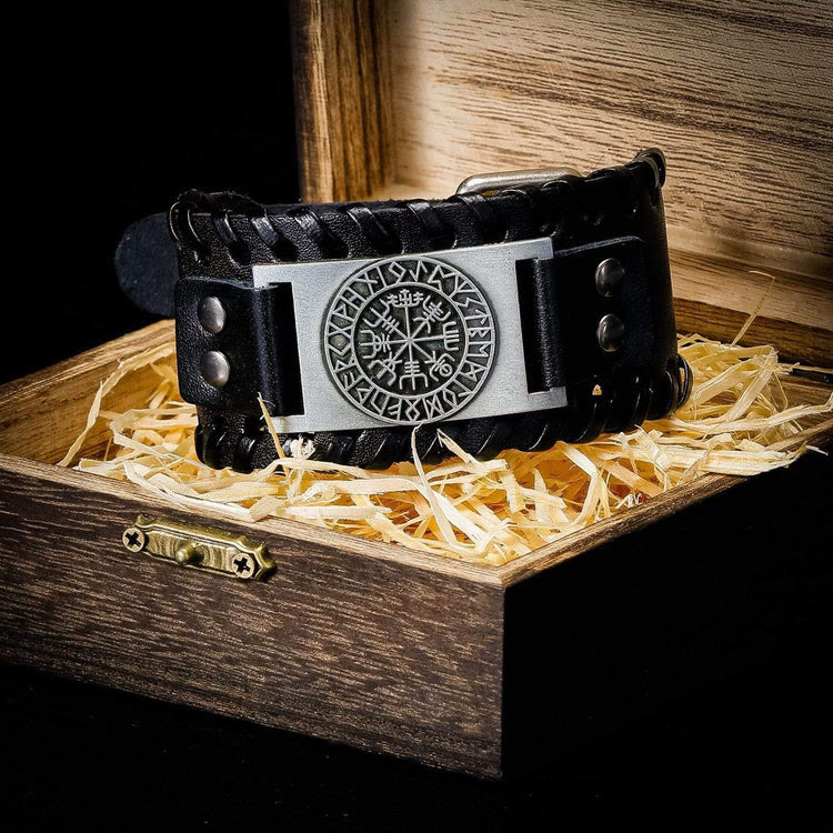 WorldNorse Armmanschette aus echtem Leder mit Schnalle , Vegvisir Metallarmband - Retro Silber + Schwarzes Leder - image 0