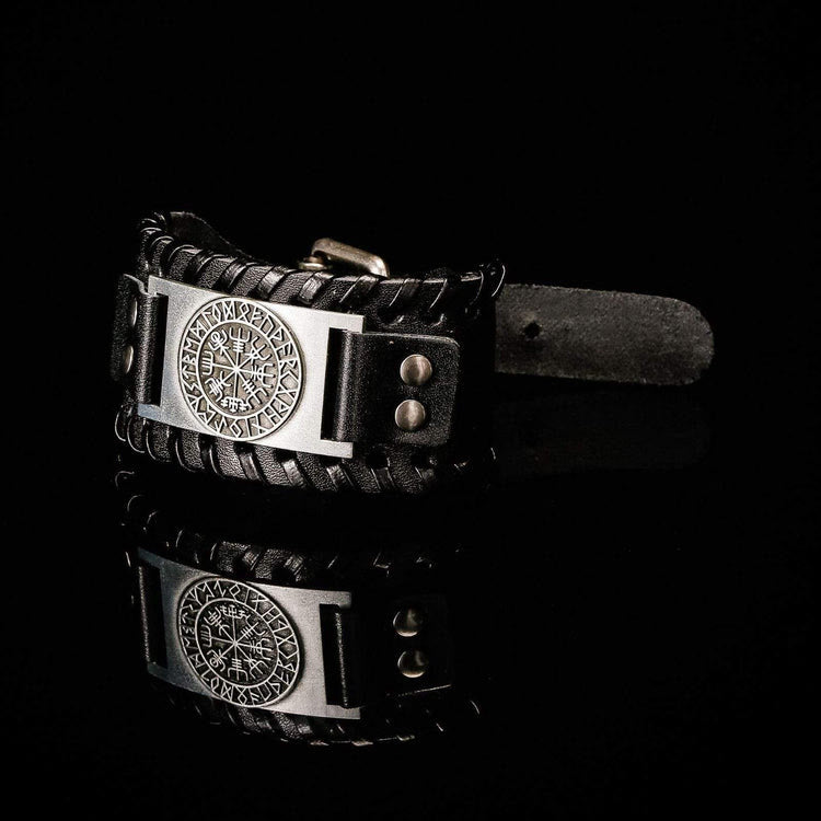 WorldNorse Armmanschette aus echtem Leder mit Schnalle , Vegvisir Metallarmband