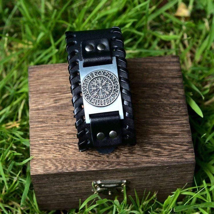 WorldNorse Armmanschette aus echtem Leder mit Schnalle , Vegvisir Metallarmband