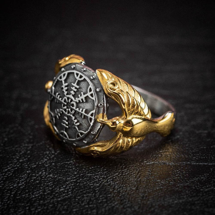 WorldNordischer Wikinger Odin Raven & Helm der Ehrfurcht Ring