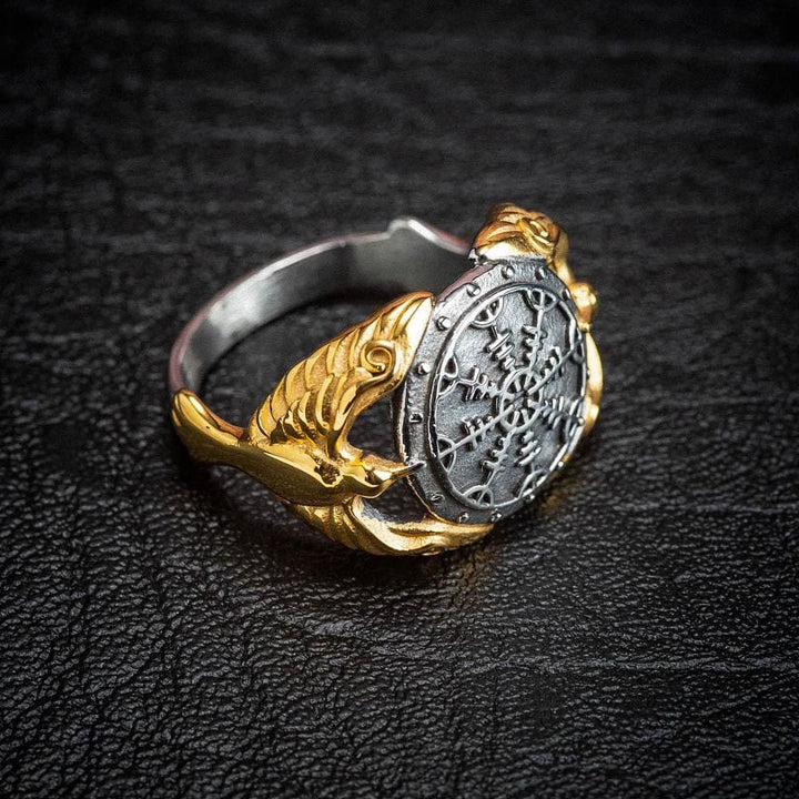 WorldNordischer Wikinger Odin Raven & Helm der Ehrfurcht Ring