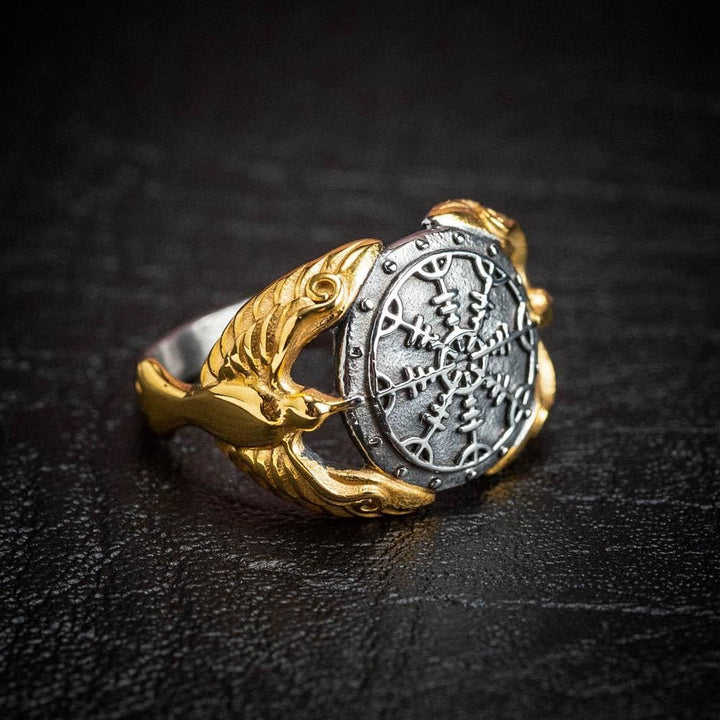 WorldNordischer Wikinger Odin Raven & Helm der Ehrfurcht Ring