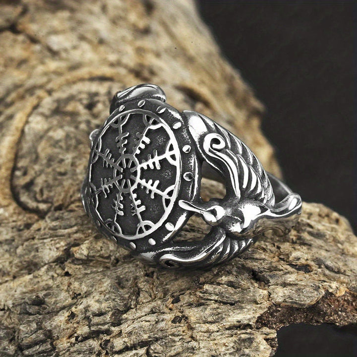 WorldNordischer Wikinger Odin Raven & Helm der Ehrfurcht Ring