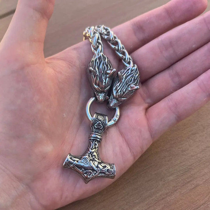 WorldNorse Vintage Wikinger Mjölnir mit Wölfen Halskette & Armband