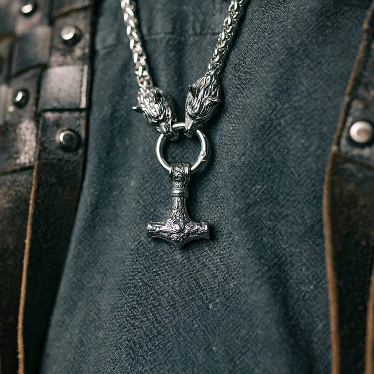 WorldNorse Vintage Wikinger Mjölnir mit Wölfen Halskette & Armband