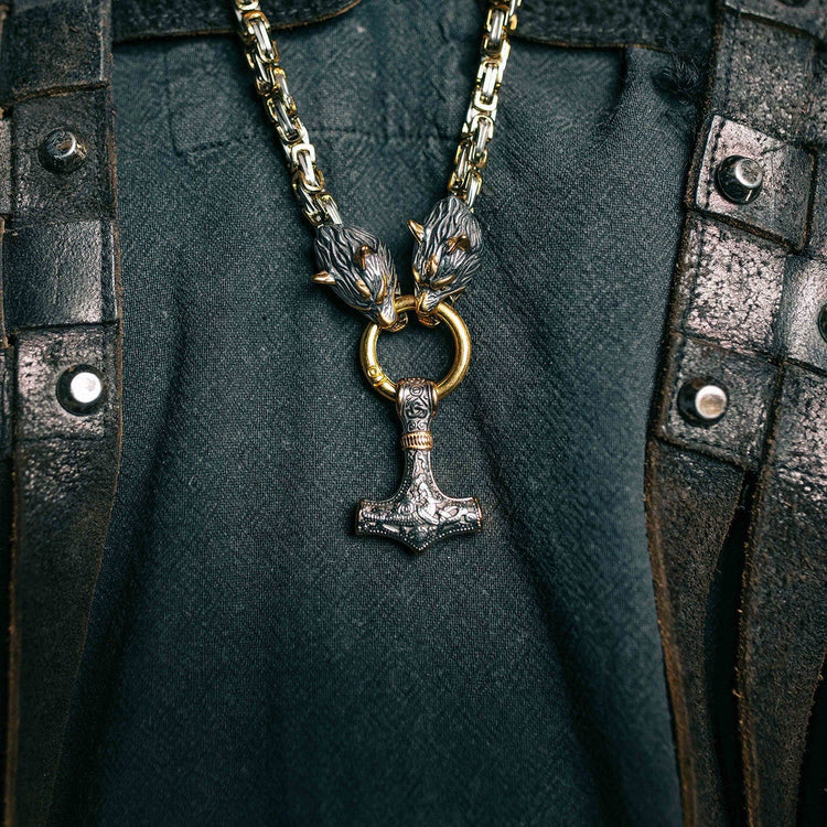 WorldNorse Vintage Wikinger Mjölnir mit Wölfen Halskette & Armband