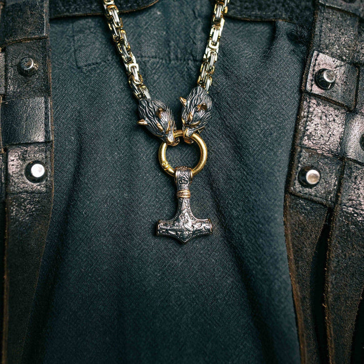 WorldNorse Vintage Wikinger Mjölnir mit Wölfen Halskette & Armband