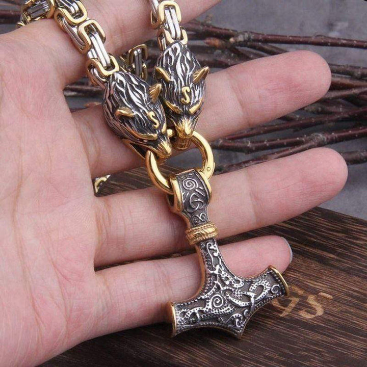 WorldNorse Vintage Wikinger Mjölnir mit Wölfen Halskette & Armband