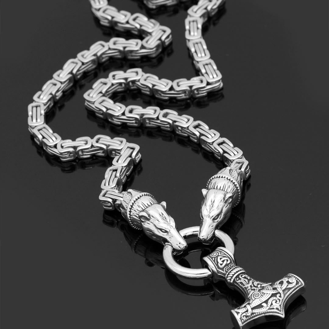 WorldNorse Wolf & Thor Hammer Mjölnir Anhänger Halskette