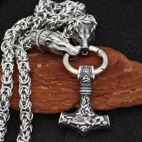WorldNorse Wolf & Thor Hammer Mjölnir Anhänger Halskette