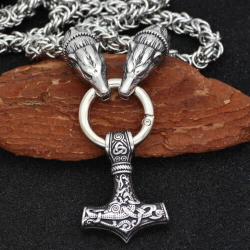 WorldNorse Wolf & Thor Hammer Mjölnir Anhänger Halskette