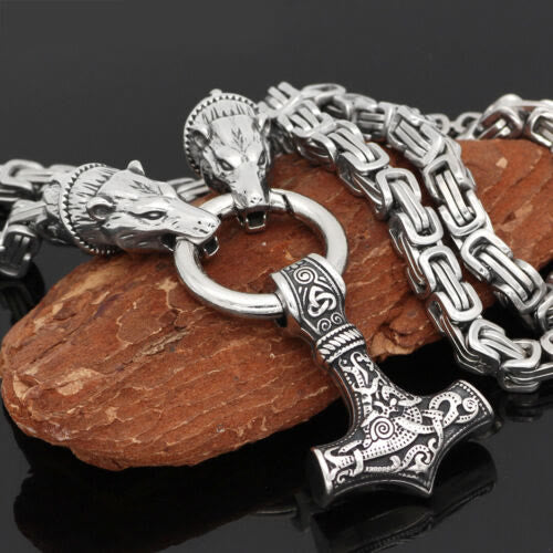 WorldNorse Wolf & Thor Hammer Mjölnir Anhänger Halskette