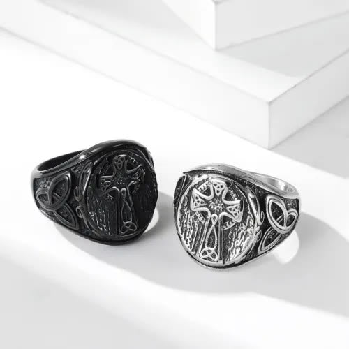 WorldNorse Nordischer Gothic-Ring mit Keltischer Knoten und Kreuz