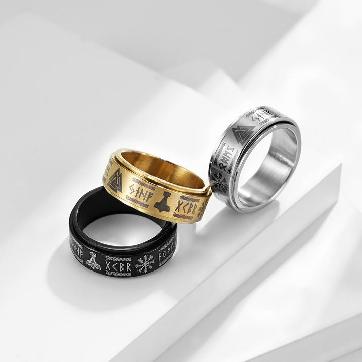 WorldNorse Viking Symbol Valknut Mjölnir Rune Triquetra Drehbarer Ring