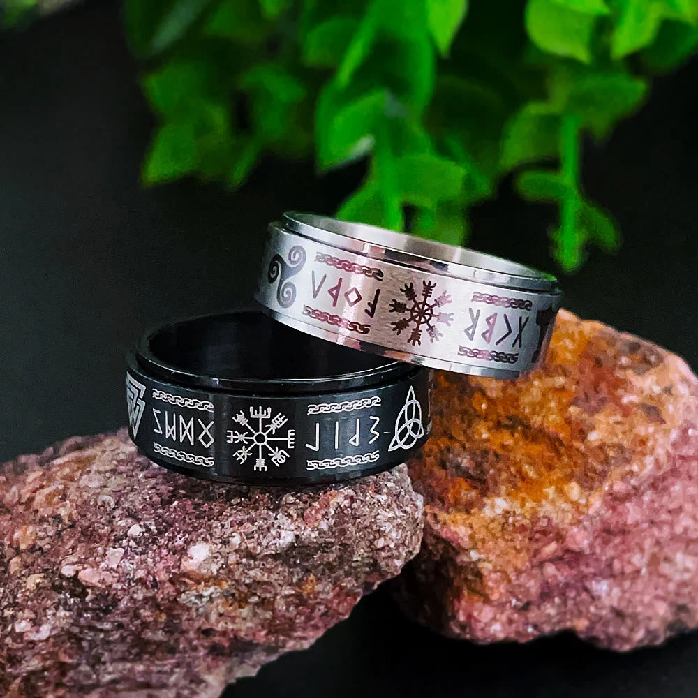 WorldNorse Viking Symbol Valknut Mjölnir Rune Triquetra Drehbarer Ring