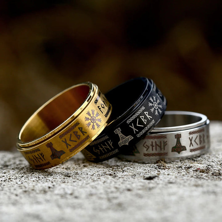 WorldNorse Viking Symbol Valknut Mjölnir Rune Triquetra Drehbarer Ring