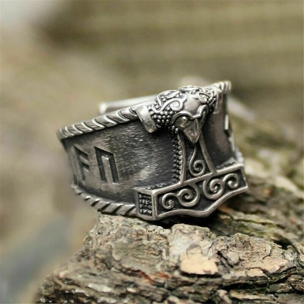 WorldNorse Classic Thors Hammer Rune -Wikingerring - Retro Silber - 67mm - image 0