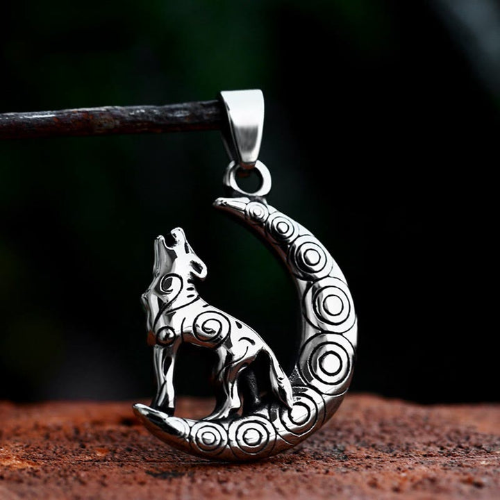 WorldNordische Wolf Halskette mit Wolfs- und Halbmond-Anhänger
