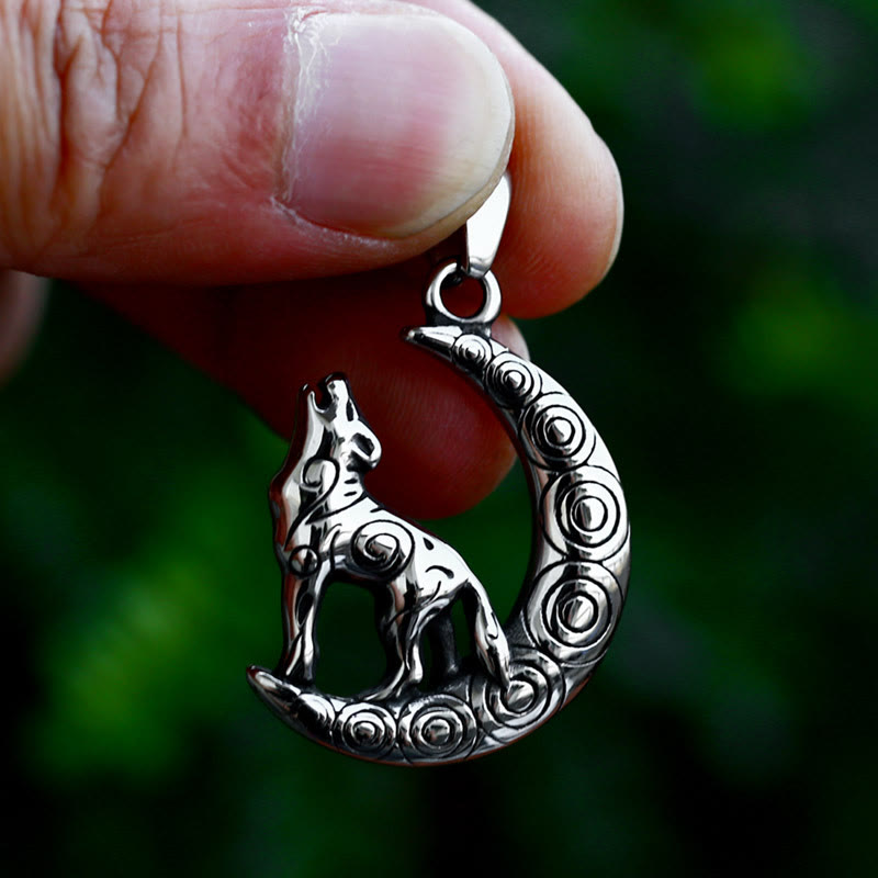 WorldNordische Wolf Halskette mit Wolfs- und Halbmond-Anhänger