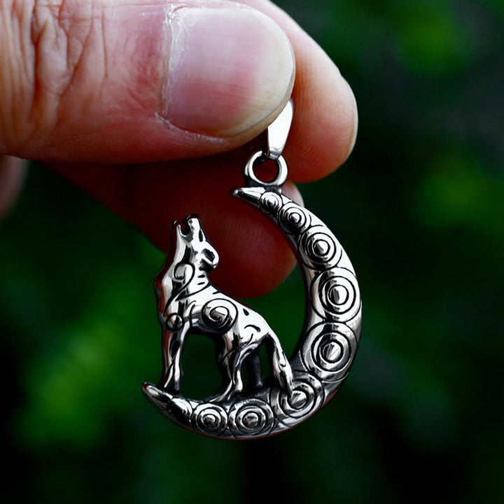 WorldNordische Wolf Halskette mit Wolfs- und Halbmond-Anhänger