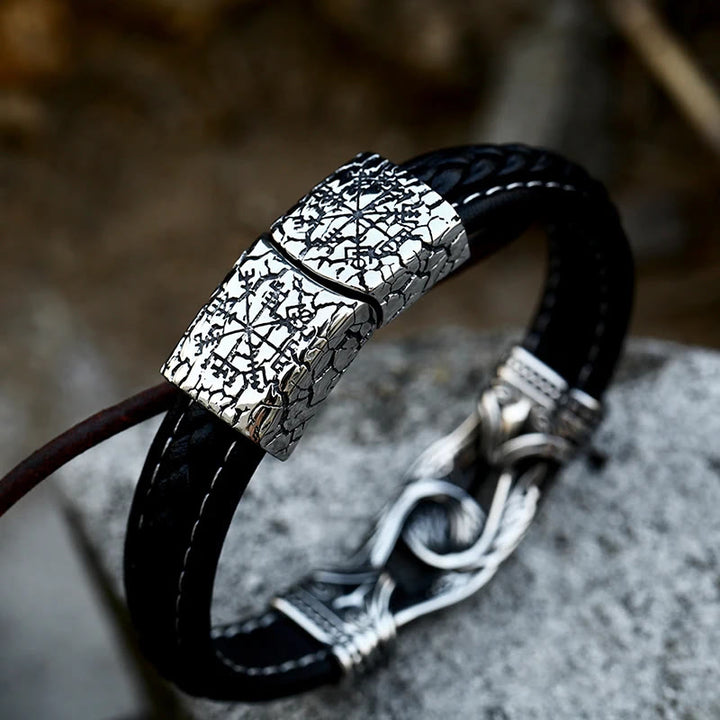 WorldNorse Lederarmband im Stil der nordischen Mythologie mit Wikingersymbolen