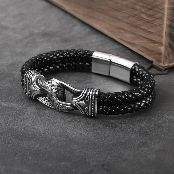 WorldNorse Lederarmband im Stil der nordischen Mythologie mit Wikingersymbolen