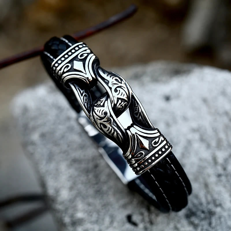 WorldNorse Lederarmband im Stil der nordischen Mythologie mit Wikingersymbolen