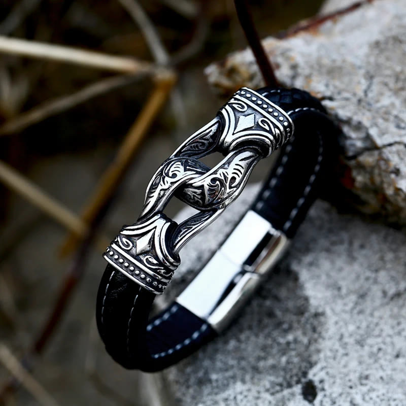 WorldNorse Lederarmband im Stil der nordischen Mythologie mit Wikingersymbolen