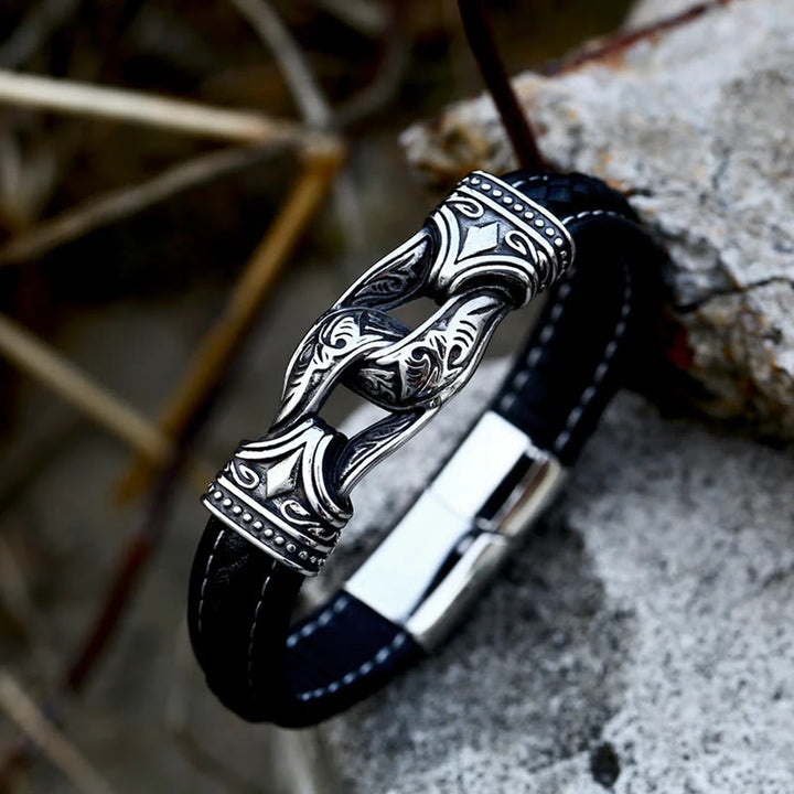 WorldNorse Lederarmband im Stil der nordischen Mythologie mit Wikingersymbolen