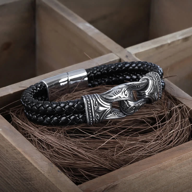 WorldNorse Lederarmband im Stil der nordischen Mythologie mit Wikingersymbolen